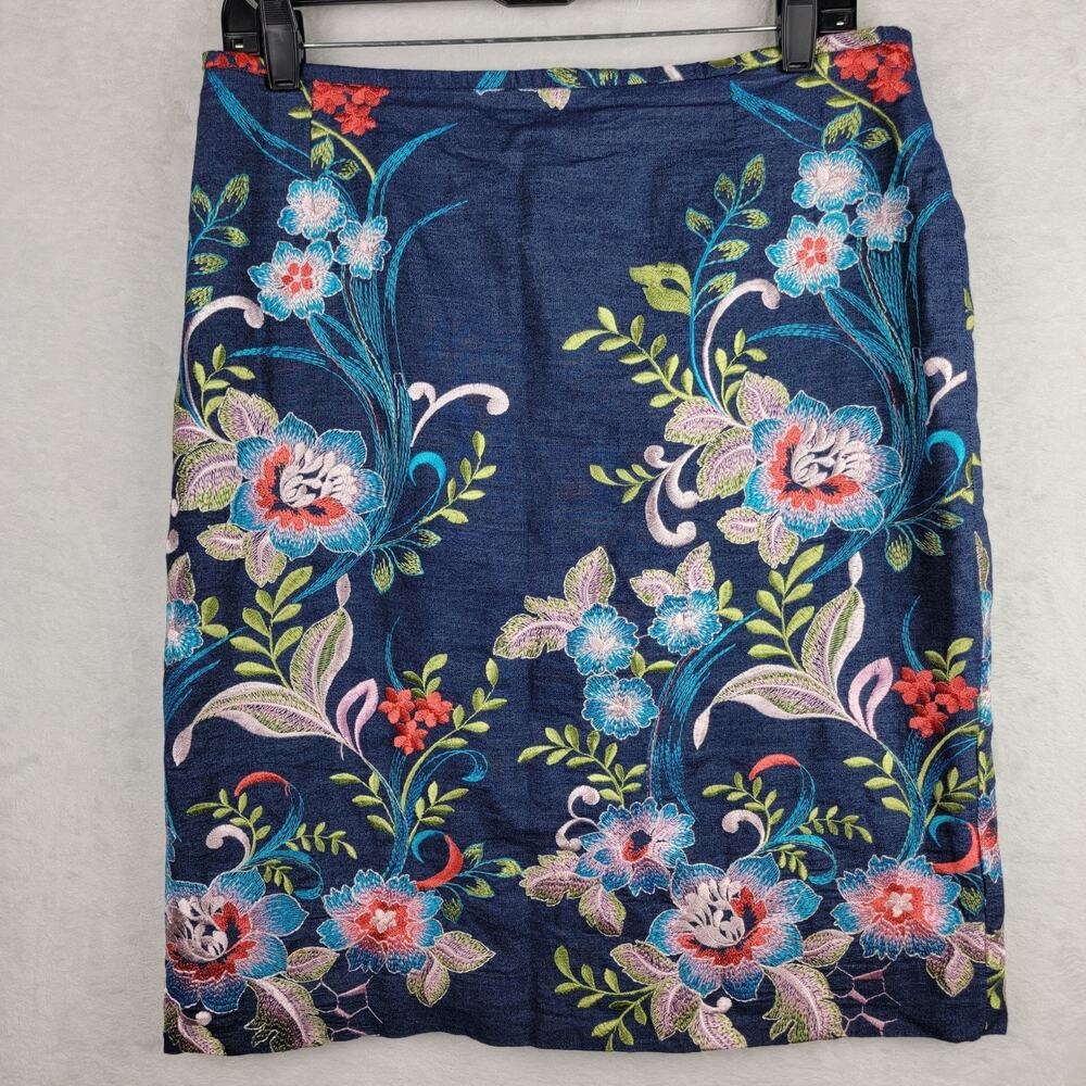 Whimsical Fairycore Denim Skirt 10 Lined Zip Embroidery Colorful Floral Bohemian